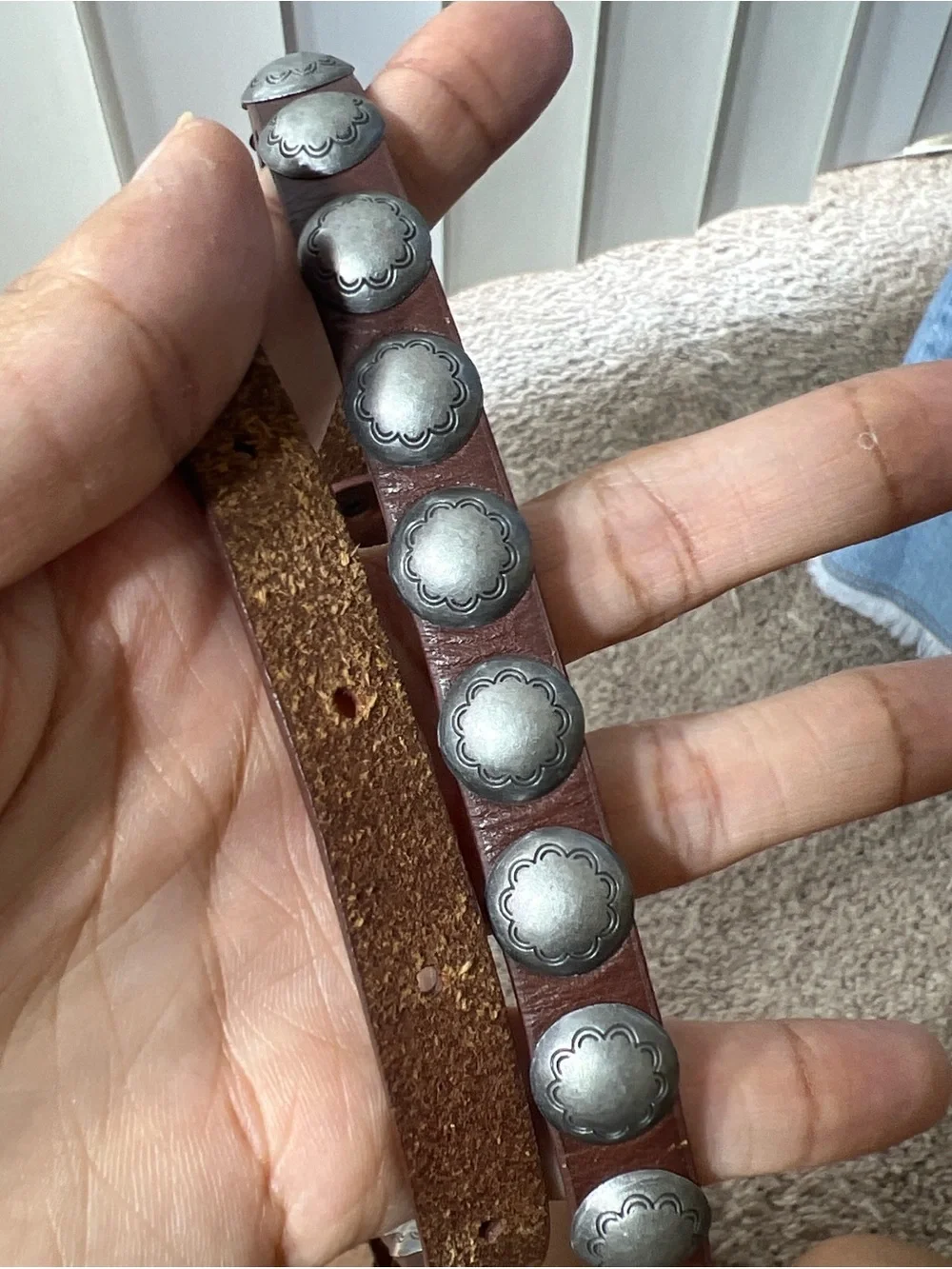Women’s Brown Leather Studded Waist Belt - Vintage Silver Accents